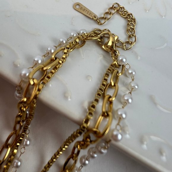 3 Layer Pearl Necklace Three Layer Pearl Necklace Gold Layered Chain Necklace - Picture 4 of 13